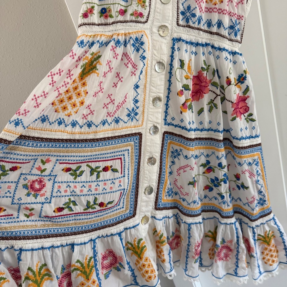 FARM Rio White Embroidered Midi Dress with Pink & Yellow Floral Pineapple Motif - Picture 2 of 7